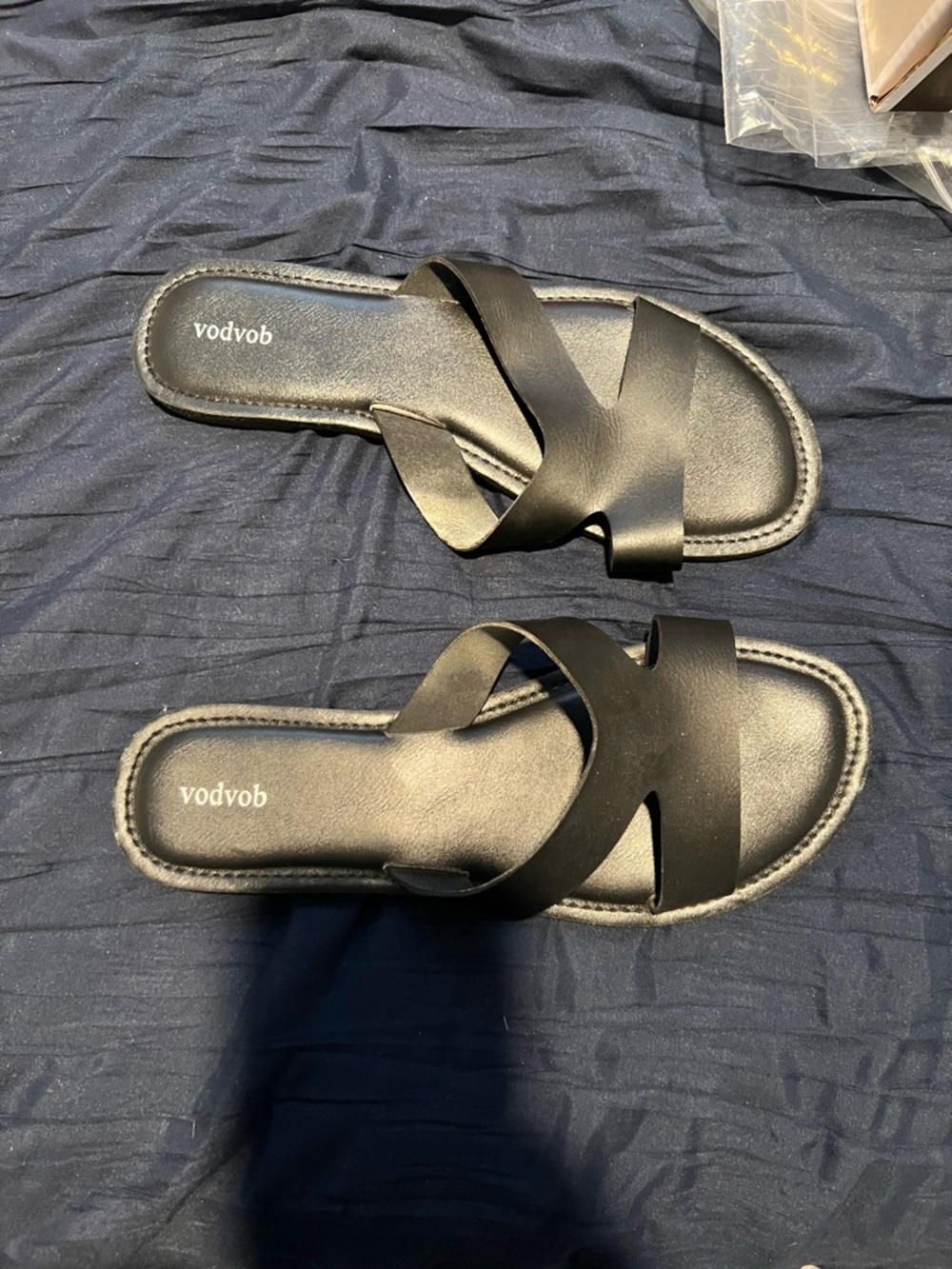 Women's Black Slide Sandals - Cross Strap Casual Slip-On